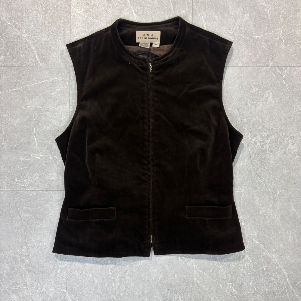 AKA Eddie Bauer Womens Brown Velvet Zip Up Vest Cinch Back Size 10